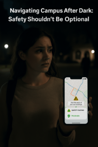 Student using SafeSail safety navigation app on campus at night